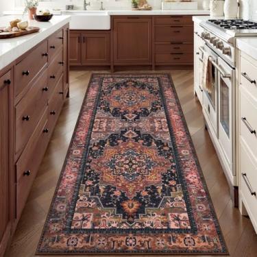 Imagem de Tangsoo Tapete vintage 5 x 15 lavável para entrada amarelo azul antiderrapante tapete de área pequena, azul escuro/vermelho porta interna da frente