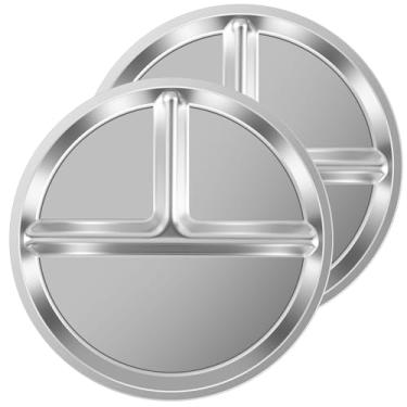 Imagem de 2 peças de pratos divididos de aço inoxidável, pratos divididos redondos duradouros, placas de controle de porção leves ambientais, placas de compartimento laváveis na máquina para construção de