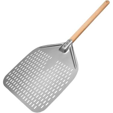 Imagem de WUHUQN Pá de pizza perfurada de alumínio de 12/14 polegadas com alça removível espátula antiaderente para forno