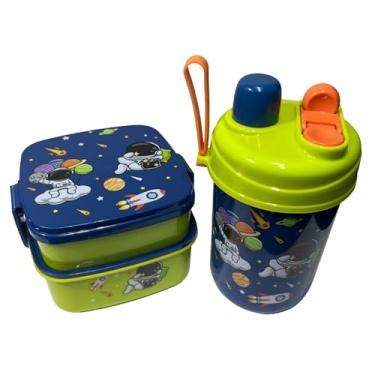Imagem de Kit Lancheira Infantil com 2 Potes Empilháveis e Garrafa 600ml (Azul e Verde)