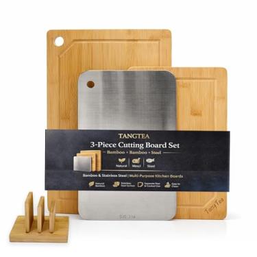 Imagem de TangTea Conjunto de tábua de corte grande com suporte para cozinha | Combo de tábua de bambu e aço inoxidável, tábuas de cortar economia de espaço com ranhuras de suco para carne, legumes e frutas