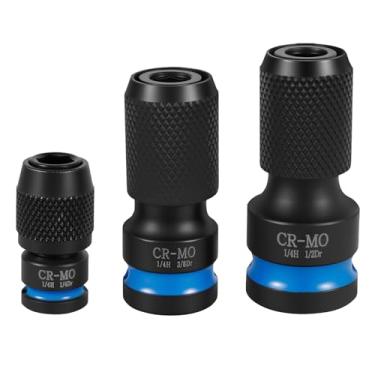 Imagem de 3 peças de suportes de broca de impacto de liberação rápida 1/2 3/8 1/10.2 cm para adaptador de soquete hexagonal de 1/10.2 cm, aço CR-MO, uso de chave de impacto catraca