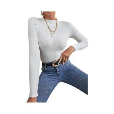 Imagem de Suéter Feminino Cinza De Malha Slim Fit Com Gola Alta E Manga Longa, L