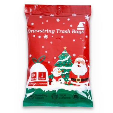 Imagem de AOMKES Sacos de lixo de Natal com cordão de 7 a 8 litros – 50 sacos de lixo impressos pequenos, suprimentos de Natal para cozinha, banheiro, escritório – sem cheiro, pré-cortado, embalagem festiva