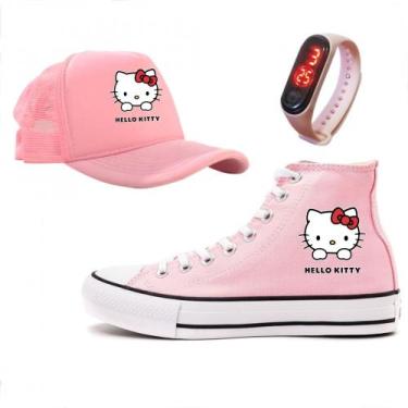 Imagem de Kit Tênis Relogio Infantil Boné Adulto Desenho Feminina Hello Kitty - 