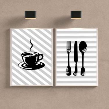 Imagem de Kit 2 Quadros Cozinha/Café Listrado 24X18Cm Moldura Branca