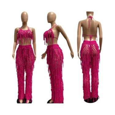 Imagem de Conjunto De Praia Feminino Sexy Em Crochê Com Franjas, Top Cropped Com