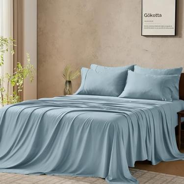 Imagem de GOKOTTA Jogo de lençol Queen com 6 peças, 100% raiom derivado de lençóis de bambu, lençóis de resfriamento Queen para pessoas que dormem quentes, lençóis Queen com bolso profundo de 40,6 cm com alças