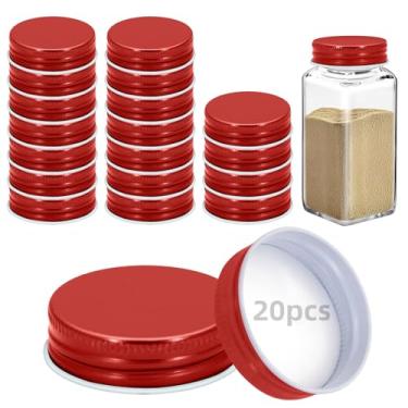 Imagem de 20 tampas de potes de ferro para potes quadrados de 113 g e 170 g reutilizáveis latas herméticas de armazenamento de especiarias para cozinha de vedação agradável (vermelho)