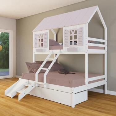 Imagem de Beliche Casal/ Solteiro Casinha Bela 02 Gavetas Kit Escada/escorregador - Madeira Maciça Branco/rosa Housin