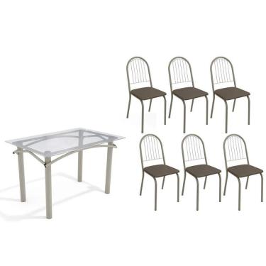 Imagem de Conjunto: Mesa Sala Jantar Elba C- Tampo De Vidro 120cm E 6 Cadeiras Noruega Niquel - Courano Marrom - Kappesberg