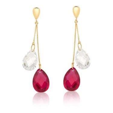 Imagem de Brinco Ouro 18k Gotas De Zircônias Vermelhas e Brancas Lapidação Briol