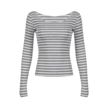 Imagem de Camiseta Feminina Preta E Cinza Listrada Com Ombros Descobertos, Manga
