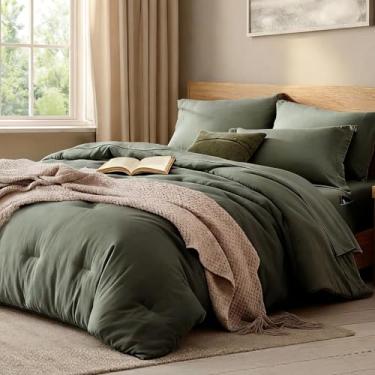 Imagem de WRENSONGE Conjunto de edredom King Size - 7 peças, cama king size macia verde-oliva em...