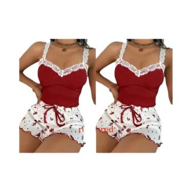 Imagem de Conjunto De Pijama Feminino Rosa Com Renda E Decote V, Camisola Sexy E