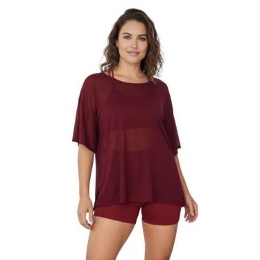 Imagem de Blusao Tule Feminina Fitness Academia Manga Curta Vinho Tamanho:ÚnicoG