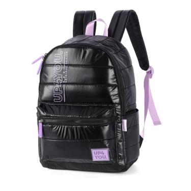 Imagem de Mochila Costas Juvenil Nailon Matelassê Puffer Preta Metalizado Up4you-Feminino