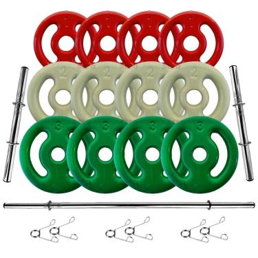 Imagem de Kit 24Kg Anilhas Emborrachadas com Barras de 40cm e 1,50m-Unissex