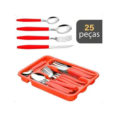 Imagem de Jogo de Talheres 25 Peças com Facas Garfos Colheres e Porta Utensílios em Aço Inox e Pl...