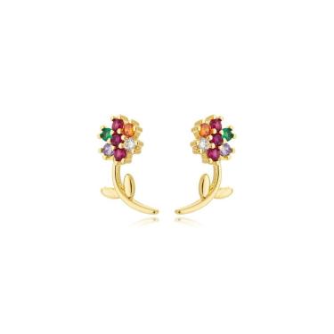 Imagem de Brinco Atraktiva Jóias Flor Minimalista Banhada a Ouro 18K Semijoia Dourado com Cristal...