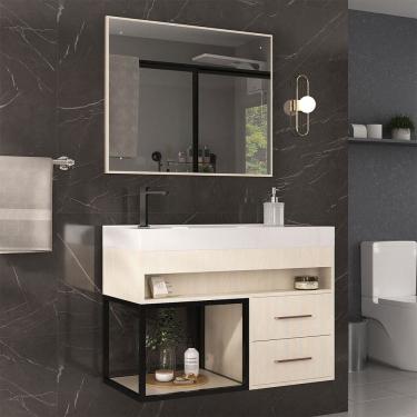 Imagem de Armário de Banheiro New 80 Cm 2 Gavetas 100% Mdf com Espelho Carvalho - Belizze Móveis