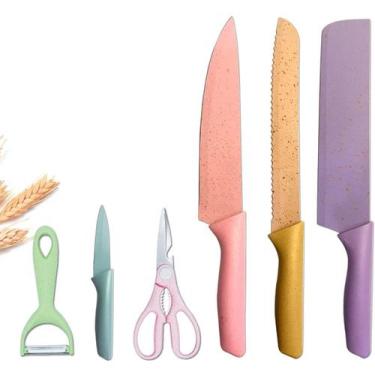 Imagem de Conjunto de 6 Peças Facas de cozinha coloridas Lâminas antiaderentes A