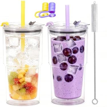 Imagem de Alohastarttg Copo de café de viagem de 500 ml, copo isolado com tampa e canudo, canecas de café de parede dupla, copos de plástico reutilizáveis, compatível com porta-copos de carro, pacote com 2 (2