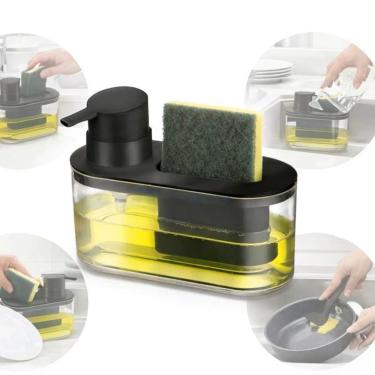 Imagem de Dispenser Porta Detergente e Bucha com Dosador Plástico Compacto para Pia Cozinha Preto Sellneeds