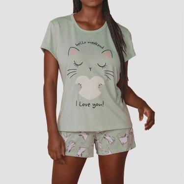 Imagem de Pijama Feminino Camiseta Curto Gato