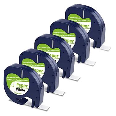 Imagem de Camopro Fita de substituição de etiqueta compatível com refil DYMO Letratag 91330 10697 Fita autoadesiva de papel LT para DYMO LetraTag Plus LT-100T LT-100H QX50 etiquetadora, preta sobre branco, pacote com 5