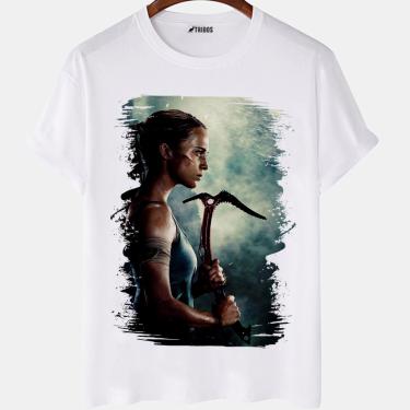 Imagem de Camiseta masculina Tomb Raider Lara Croft Filme Capa Camisa Blusa Branca Estampada