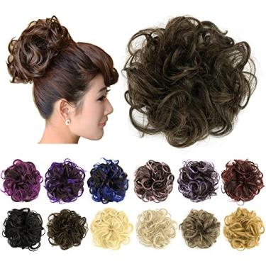 Imagem de IMISSU 2PCS de cabelo bagunçado coque updo scrunchies falsos rabo de cavalo extensão de cabelo ondulado encaracolado chignon faixa de cabeça para meninas (2PCS Marrom claro)