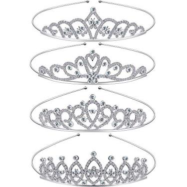 Imagem de Hicarer Pacote com 4 tiaras de princesa de cristal, coroa, prata, metal, strass, coroa, faixas de cabelo, joias de cabelo para meninas, mulheres, festa de aniversário, casamento, formatura, noiva, dia
