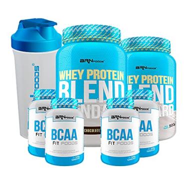 Imagem de Kit 2x Whey Protein Blend 900g Chocolate + 4x BCAA 100g + Coqueteleira 600mL - BRNFOODS