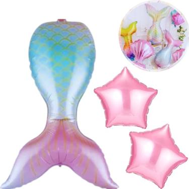 Imagem de Balão Metalizado Cauda Sereia 85cm + 2 Estrelas Metalizadas 45cm, Calda Sereia Balão, Balão Calda Sereia Para Crianças Decoração De Casamento, Infantil, Balões De Festa De Aniversário