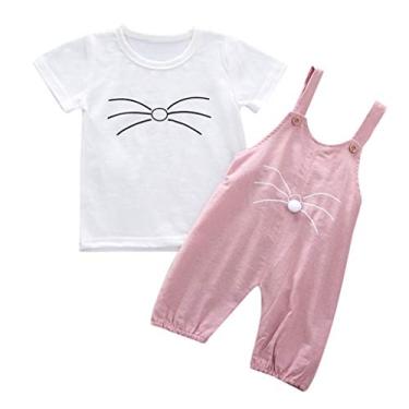 Imagem de Roupas fofas para meninas adolescentes manga longa crianças bebês meninas desenho animado gato estampado camiseta + body (rosa, 3-4 anos)