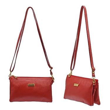 Imagem de Bolsa Feminina Vermelha Pequena Transversal em Couro Legítimo Vermelho Crossbody Alça Comprida Regulável 5 Compartimentos Madamix