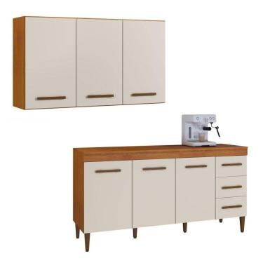 Imagem de Conjunto Armário Aéreo 3 Portas e Balcão Atenas 3 Portas e 3 Gavetas Marrom/Off White