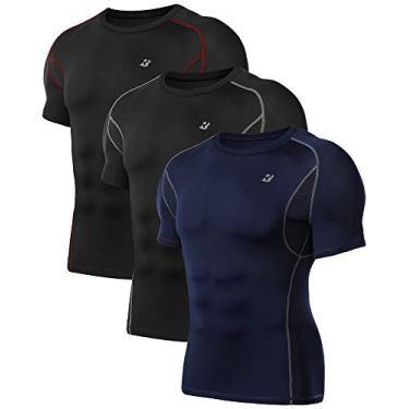 Imagem de Roadbox Pacote com 3 camisetas masculinas de compressão de manga curta, camiseta de malha de camada de base nas axilas para treino, academia, atlética, Pacote com 3: preto-cinza-azul, GG
