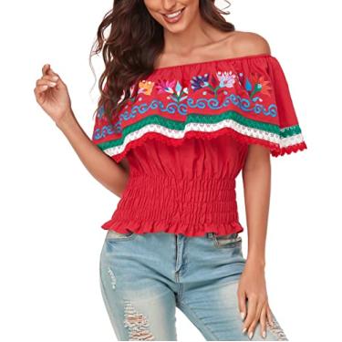 Imagem de YZXDORWJ Camiseta feminina mexicana bordada com ombros de fora, renda falbalá, 347r, G