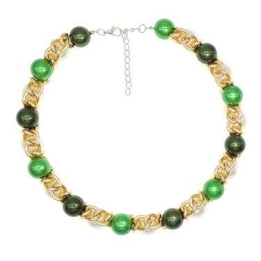 Imagem de Colar gargantilha de pérolas coloridas grandes para mulheres, corrente de elos banhados a ouro, babador grosso, colar de pérola artesanal, bijuteria de fantasia, X-Large, Pérola, Pérola sintética