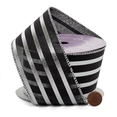 Imagem de Paper Mart Fita listrada metálica com fio para embrulho de presente e artesanato, prata e preto, 6,5 cm x 30,5 cm