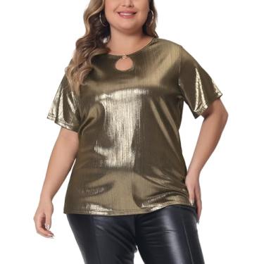 Imagem de Agnes Orinda Camiseta feminina plus size com gola redonda metálica e manga curta, Dourado, 3X