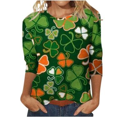 Imagem de Camiseta feminina do Dia de São Patrício com estampa da bandeira irlandesa americana túnica verde manga 3/4 camisetas tops, Verde, 5G