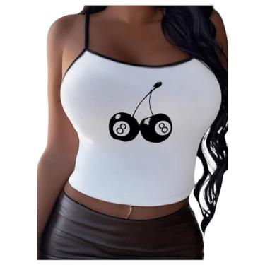 Imagem de Floerns Camiseta feminina sem mangas com estampa de letras, Cereja branca, M