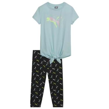 Imagem de PUMA Conjunto de 2 peças de legging capri de poliéster/elastano, camiseta de jérsei SS para meninas, turquesa aqua, 6X, Turquesa, azul-piscina, 6X