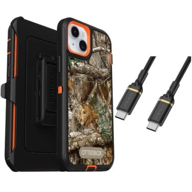 Imagem de OtterBox Pacote para iPhone 15 Plus (apenas): capa da série Defender - Realtree Blaze Edge (camuflagem) - Clipe de coldre incluído - Proteção de defesa microbiana - Cabo USB-C para USB-C - Embalagem