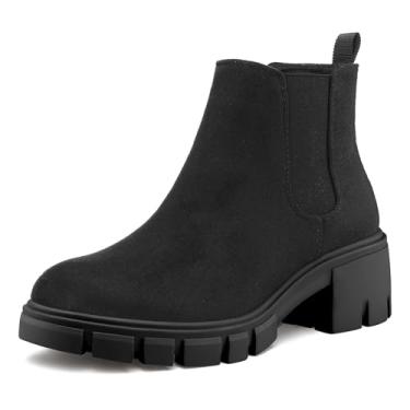 Imagem de mysoft Botas femininas Chelsea plataforma sola sem cadarço salto bloco grosso bota tornozelo, Camurça preta, 39