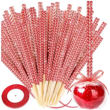 Imagem de Palitos brilhantes para maçãs doces, 26 peças de espetos pontiagudos de madeira de maçã caramelo com 26 peças de saco de vidro e laço de fitas de glitter de 22 jardas, palitos de bambu de cristal