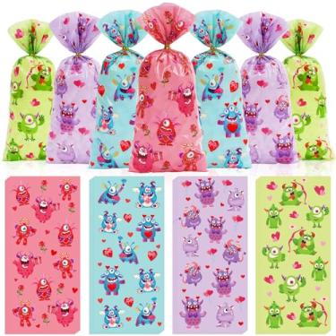 Imagem de Whaline 100 unidades de sacos de presente de celofane para Dia dos Namorados com laço torcido, vermelho, roxo, azul, verde, monstro, sacolas de presente de plástico, sacolas de doces para presentes de